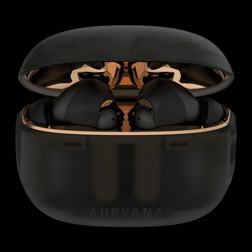 Auriculares Creative Labs Aurvana Ace 2 Cancelamento de Ruído TWS Bluetooth 5.3 Preto, estojo aberto: interior dourado