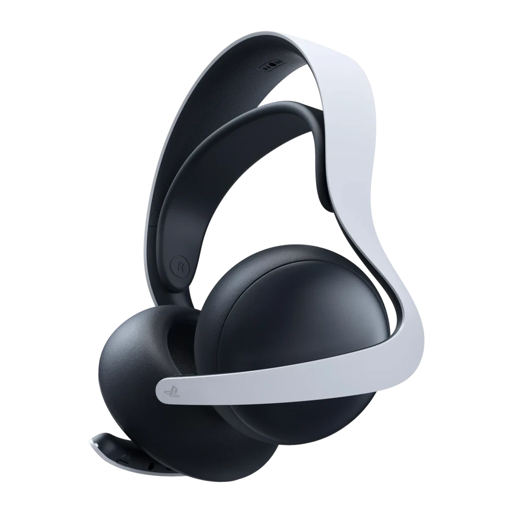 Sony Auriculares Pulse 5 Elite Blanco, vista lateral: diadema blanca, almohadillas negras y logo PlayStation visible