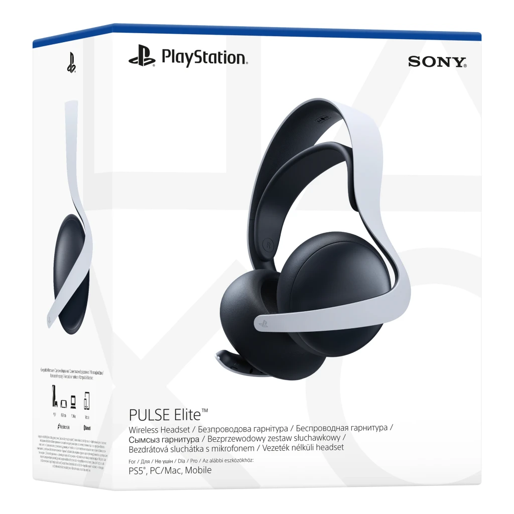 Sony Auriculares Pulse Elite Blancos, caja: packaging oficial PlayStation con auriculares visibles en blanco y negro