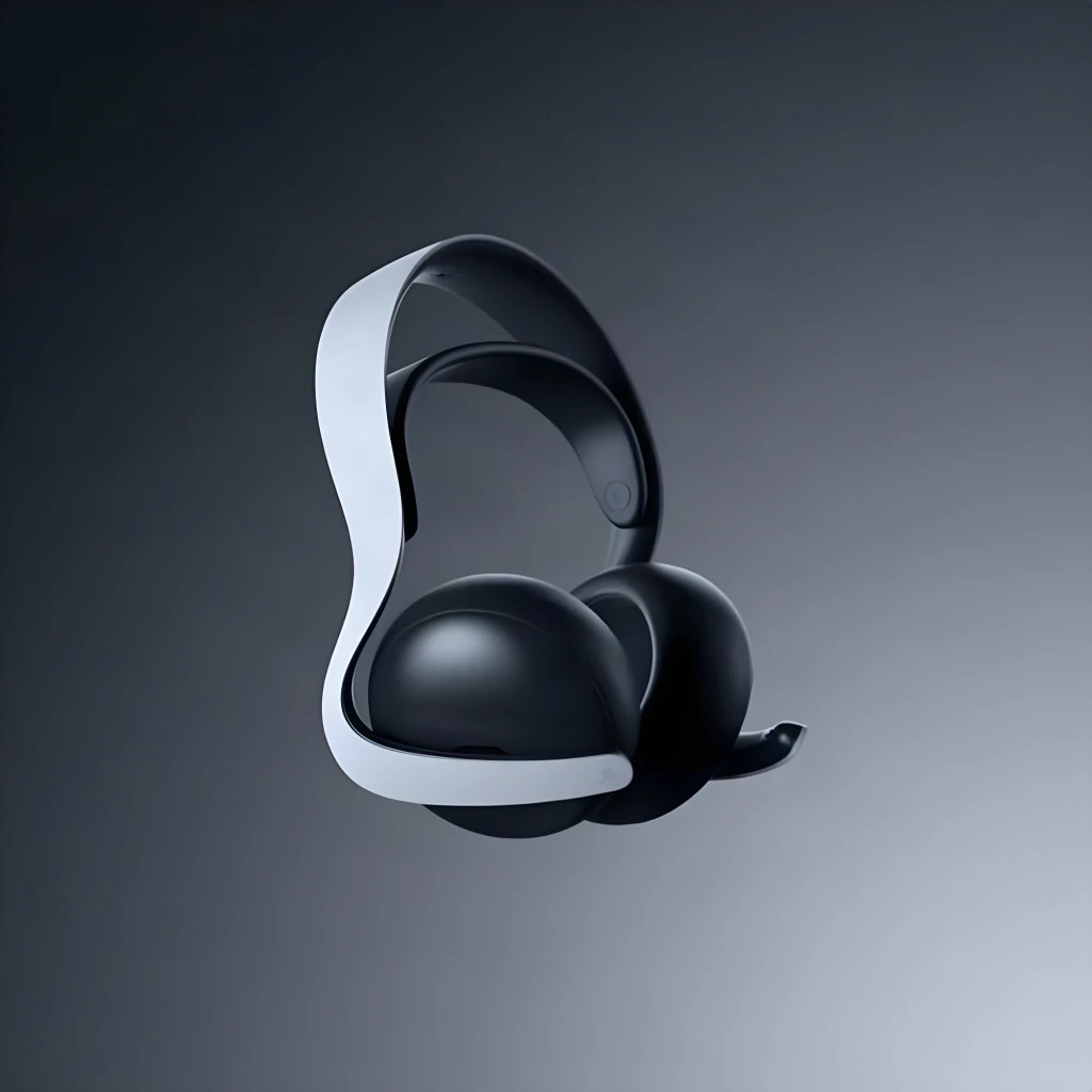 Sony Auriculares Pulse 5 Elite Blanco, vista trasera flotante: diadema blanca, almohadillas negras y micrófono retráctil