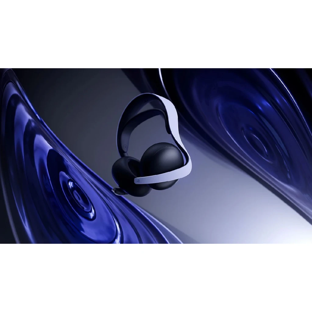 Sony Auriculares Pulse 5 Elite Blancos, vista angular: auriculares flotando sobre fondo azul ondulado con reflejos