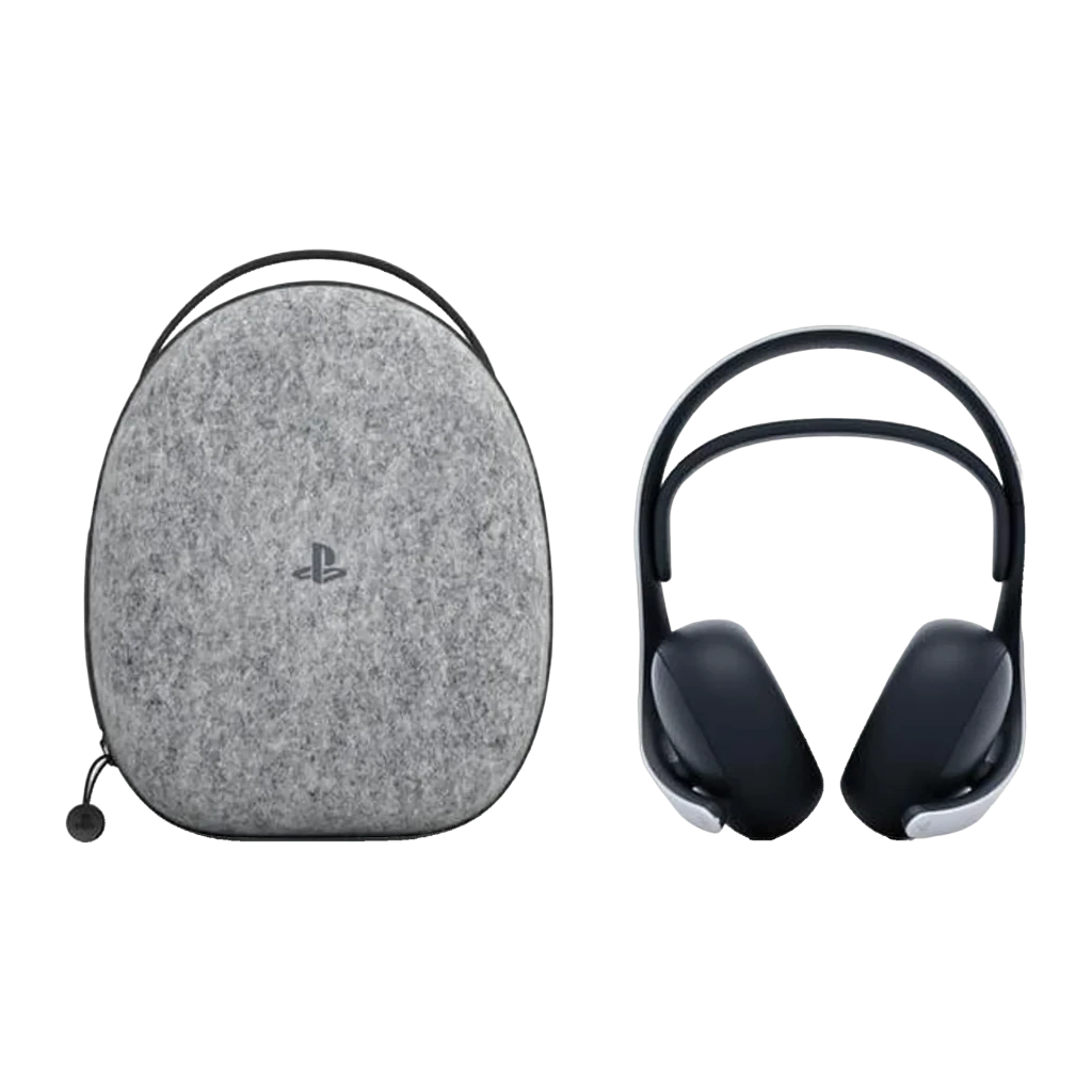 Sony Auriculares Pulse 5 Elite Blancos, accesorios: auricular frontal junto a funda de transporte gris con logo PlayStation