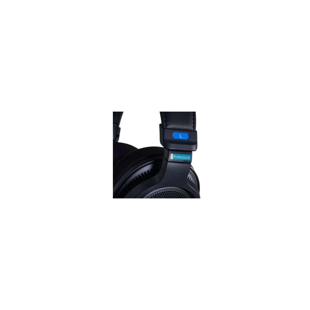 Sony Auriculares MDR-MV1 Negro, detalle lateral izquierdo: marcador L azul, etiqueta Professional y rejilla del driver