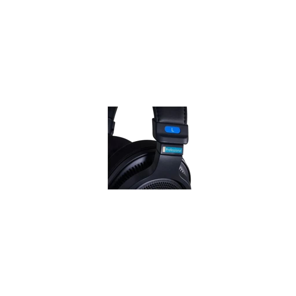 Sony Auriculares MDR-MV1 Negro, detalle lateral izquierdo: marcador L azul, etiqueta Professional y rejilla del driver