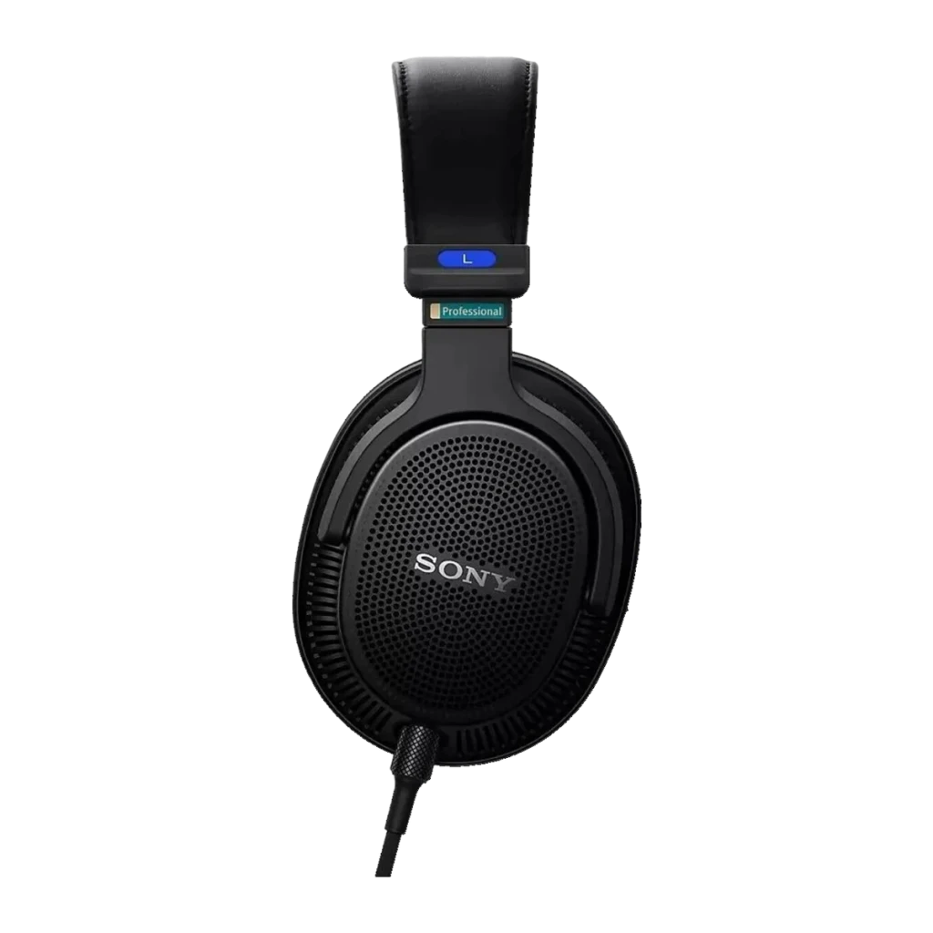 Sony Auriculares MDR-MV1 Negro, vista lateral izquierda: rejilla oval, logo Sony, indicador L azul y etiqueta Professional