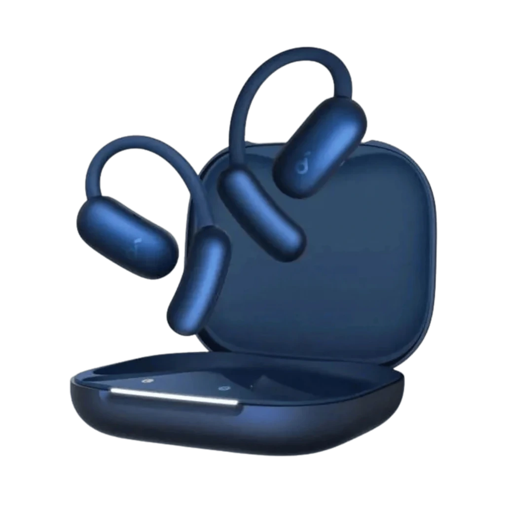 Soundcore Aerofit 2 Azul: auriculares Bluetooth abiertos con ganchos flexibles, acabado mate azul marino y estuche de carga compacto del mismo tono