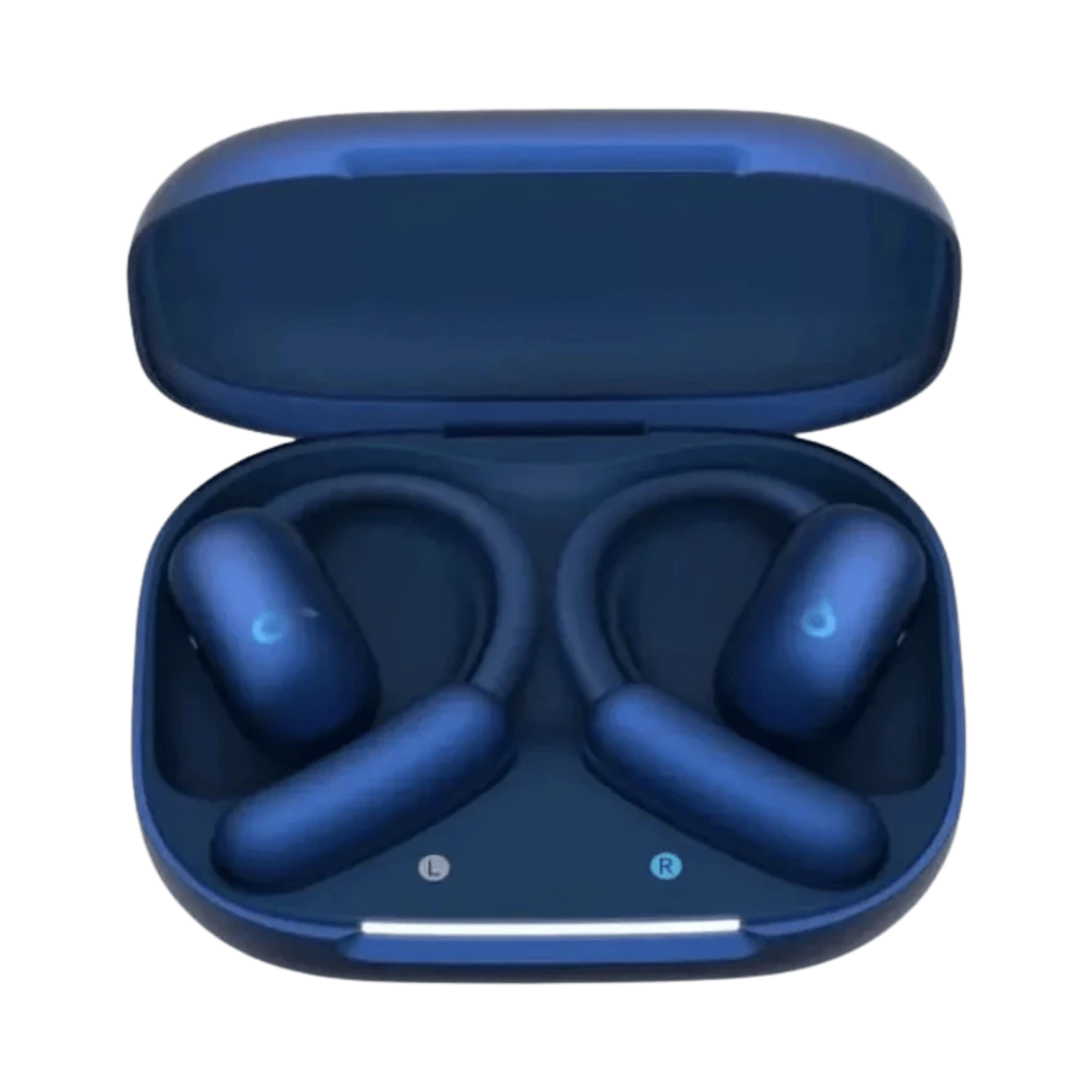 Estuche azul con auriculares Bluetooth Soundcore Aerofit 2; diseño de gancho ergonómico, indicadores LED L y R, acabado mate y caja de carga compacta.