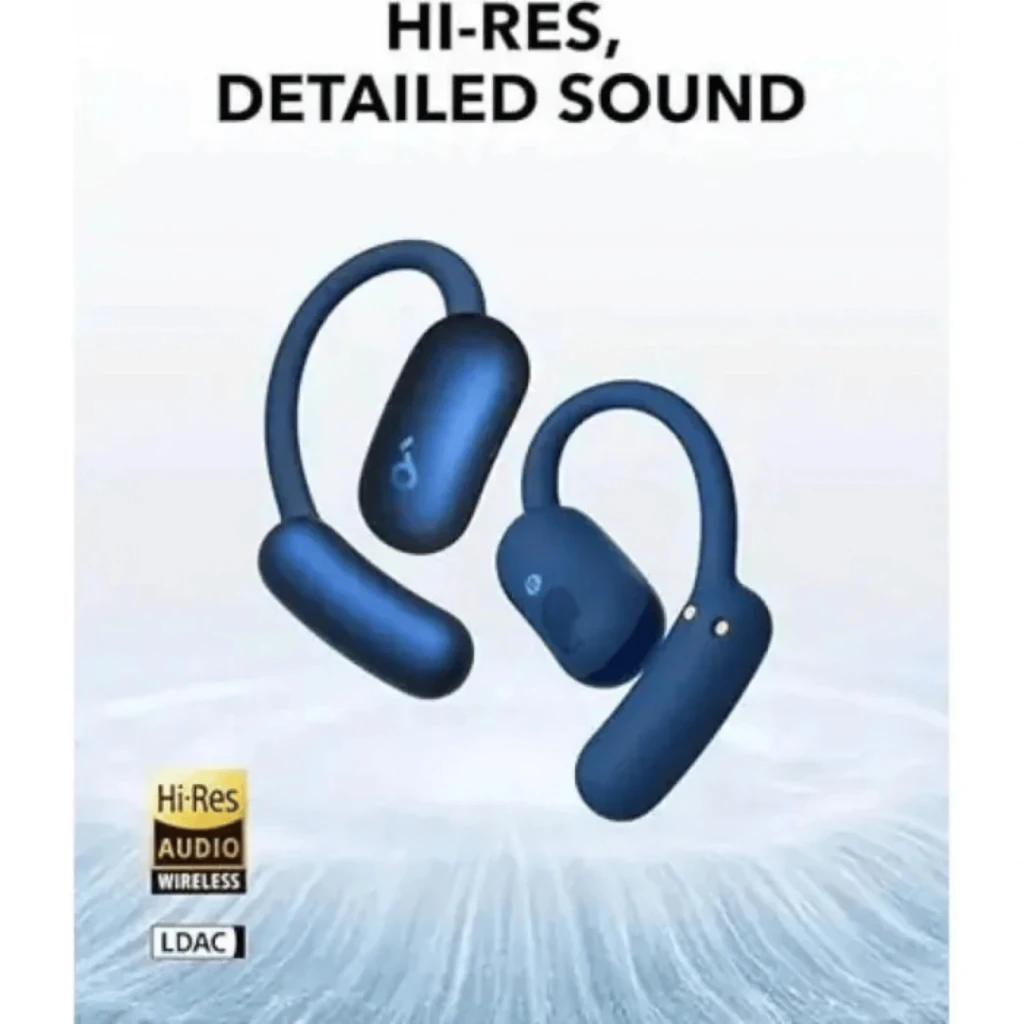 Soundcore Aerofit 2 Azul - Auriculares Bluetooth open-ear en azul mate, diseño envolvente sobre oreja, dos botones y puerto de carga magnético en cada pieza