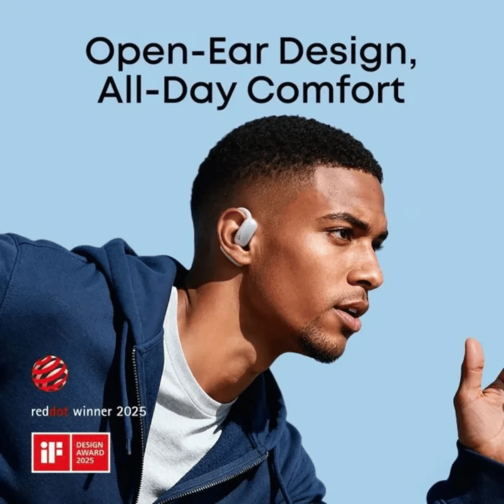 Soundcore Aerofit 2 Azul: auriculares Bluetooth de diseño open‑ear, livianos y ergonómicos, acabado azul mate y botón lateral discreto para uso diario