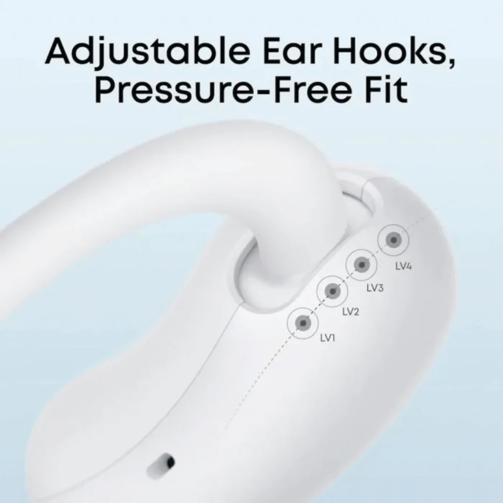 Soundcore Aerofit 2 Azul – auricular Bluetooth con gancho ajustable y ajuste sin presión. Indicadores LV1-LV4 visibles en carcasa curva blanca.