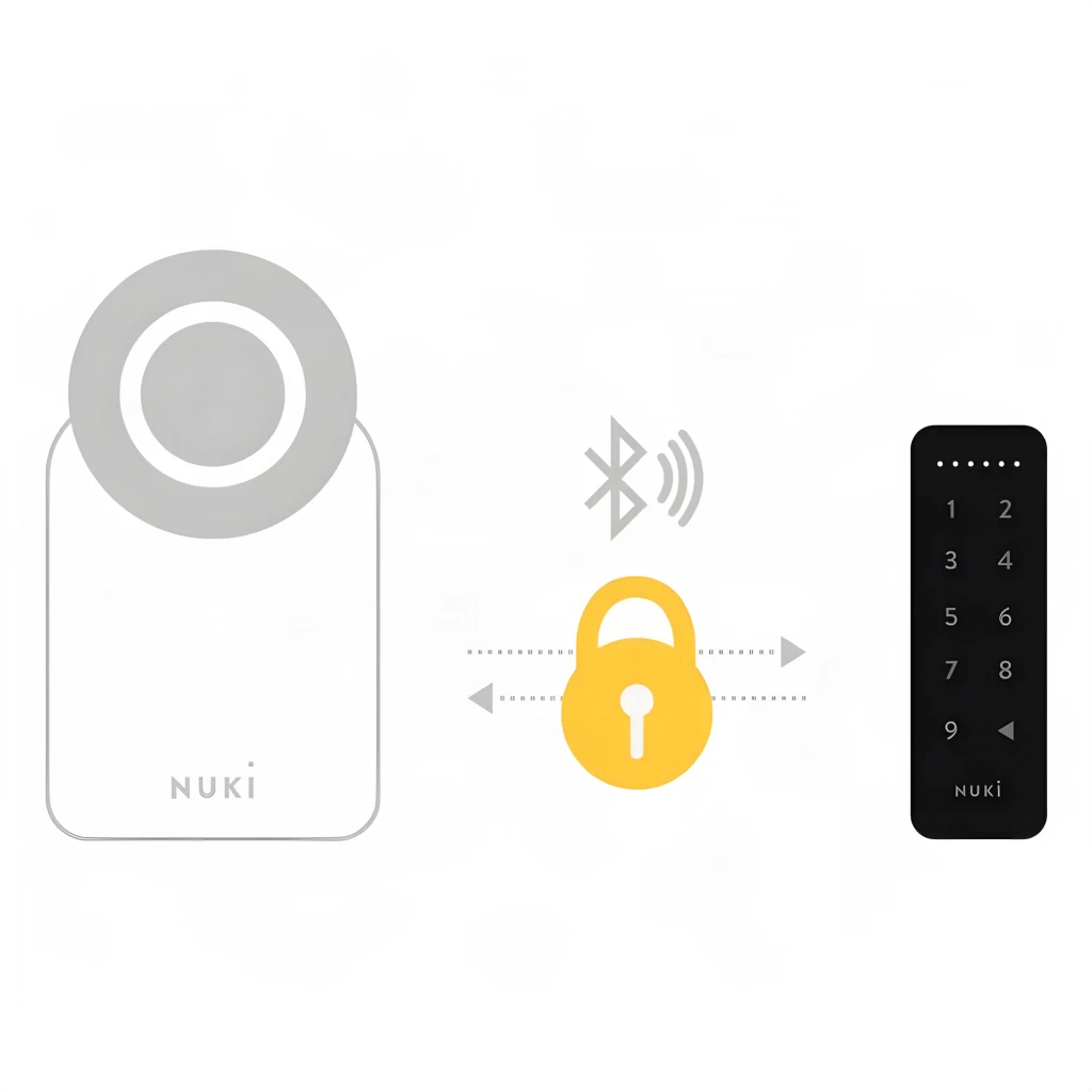Teclado Nuki Keypad Bluetooth 5.0 com teclas numéricas iluminadas, corpo preto minimalista e ícone de cadeado indicando controle de acesso IP65