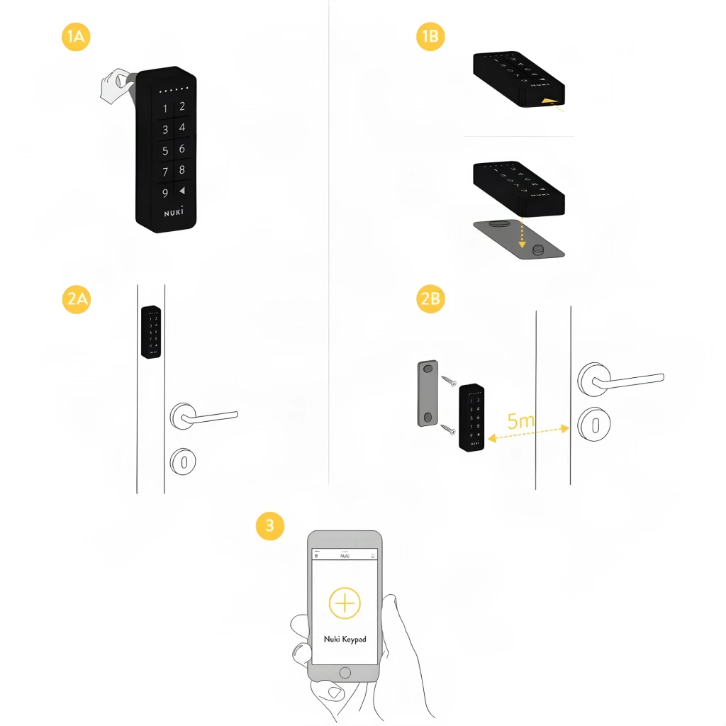 Teclado Nuki Keypad Bluetooth 5.0 com botões iluminados e numeração clara, corpo preto minimalista, montagem na parede ou porta, resistência IP65
