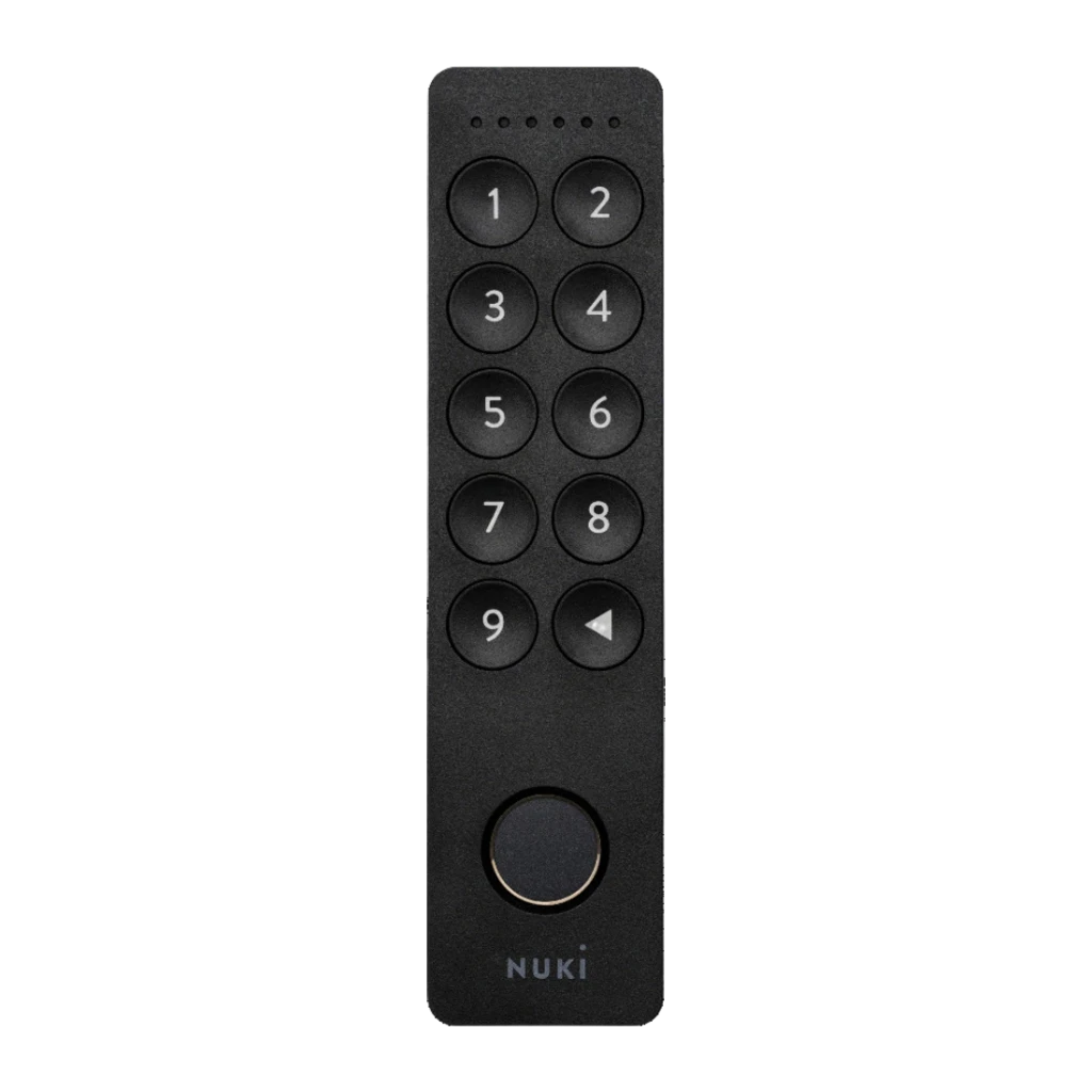 Teclado Nuki Keypad 2.0 Bluetooth Código numérico em preto, 12 botões circulares com dígitos 1–9, seta e check, LED superior e anel luminoso no botão