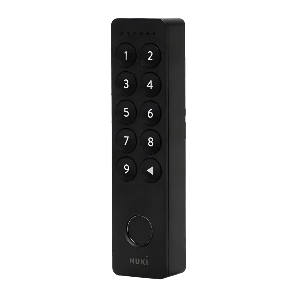 Teclado Nuki Keypad 2.0 Bluetooth Código numérico em preto, corpo estreito, 10 teclas grandes iluminadas e botão circular inferior com logotipo Nuki