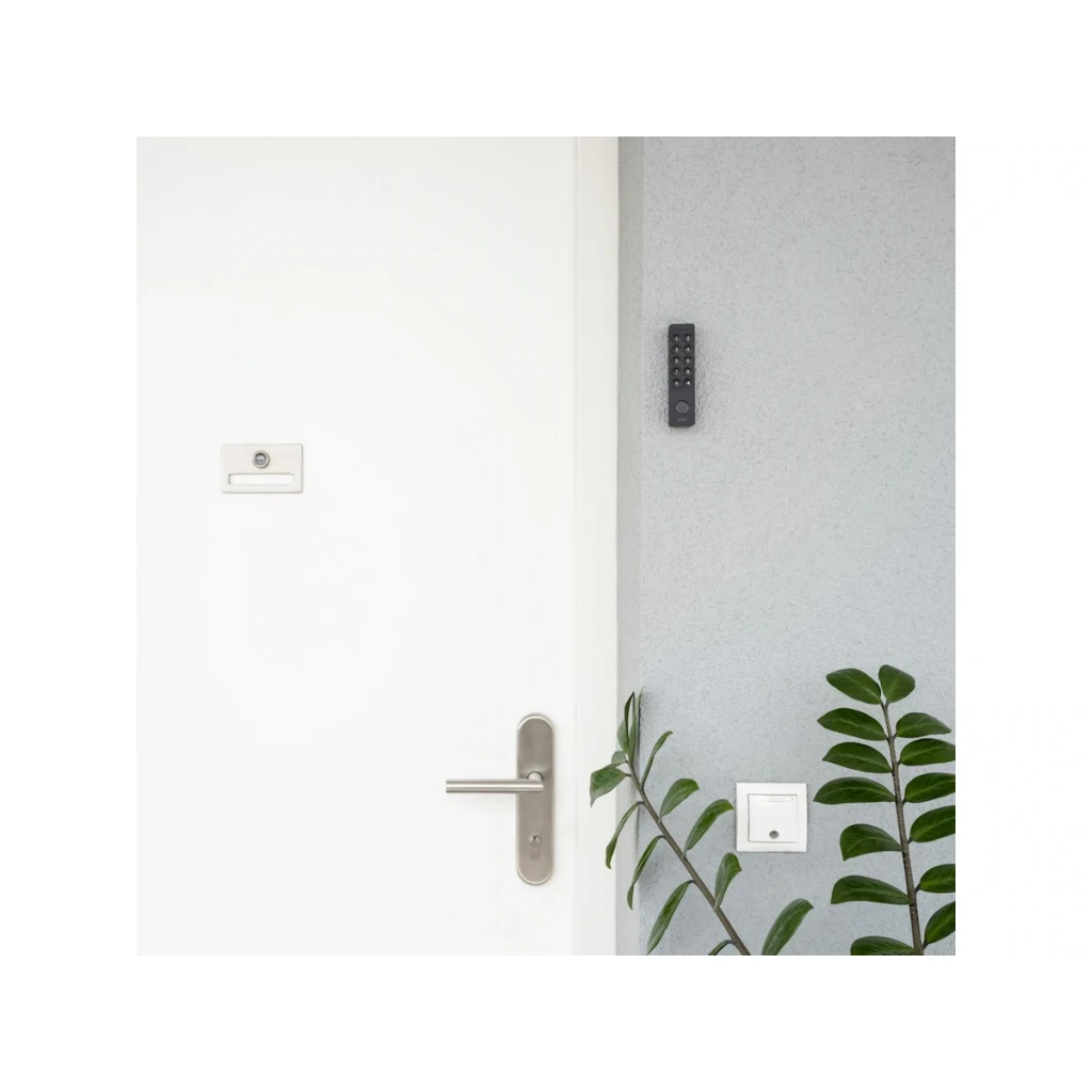 Teclado Nuki Keypad 2.0 Bluetooth com botões iluminados, montado na parede ao lado de porta branca; design compacto e numérico para acesso seguro
