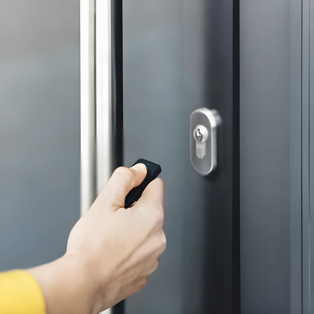 Chave de acesso Nuki Fob Bluetooth 1 botão em uso, controle remoto compacto preto acionando fechadura inteligente prateada em porta cinza com moldura metálica