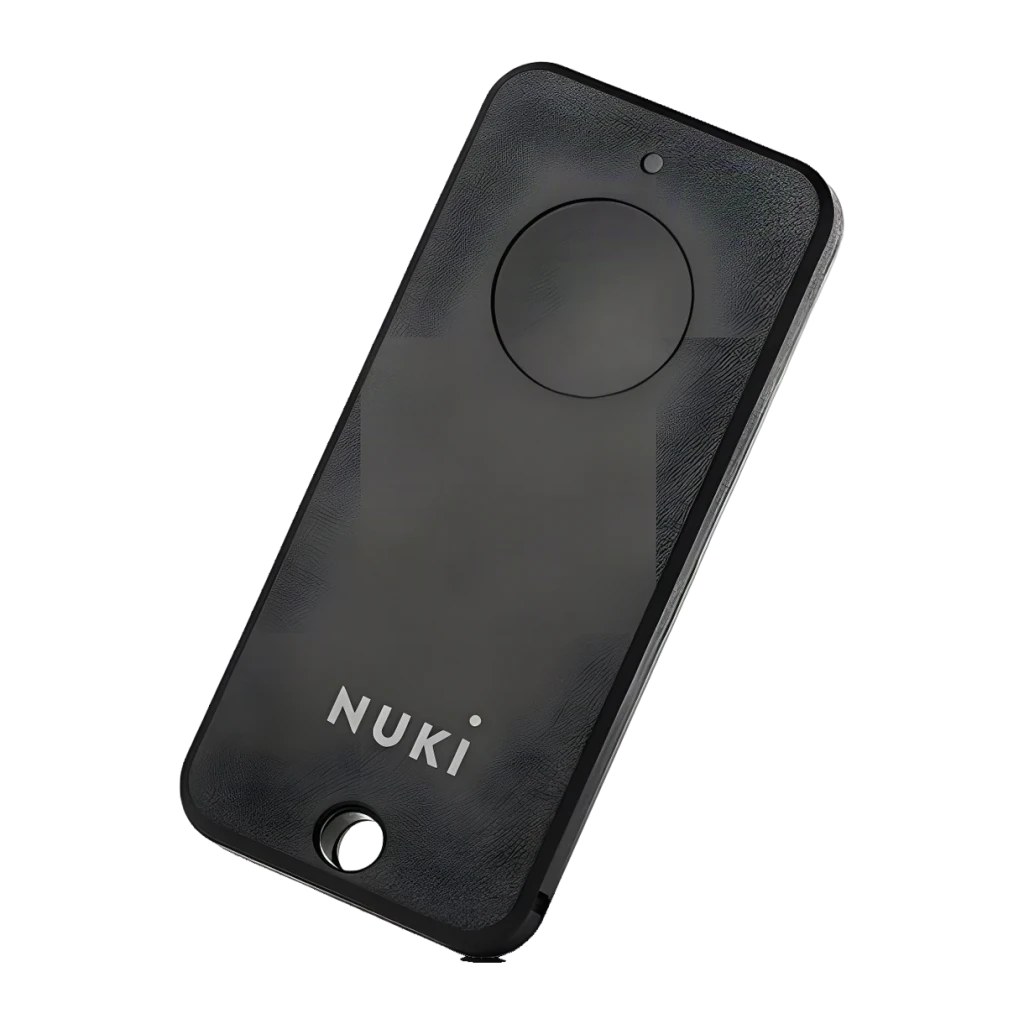 Chave de acesso Nuki Fob Bluetooth 1 botão em preto fosco, retangular, com único botão circular grande, LED indicador e logotipo NUKI na frente