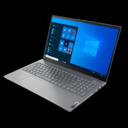 Ordinateur portable gris Lenovo ThinkBook 15 G2 ITL ouvert, écran 15,6 pouces Windows 10, clavier QWERTZ rétroéclairé, châssis fin en aluminium, état