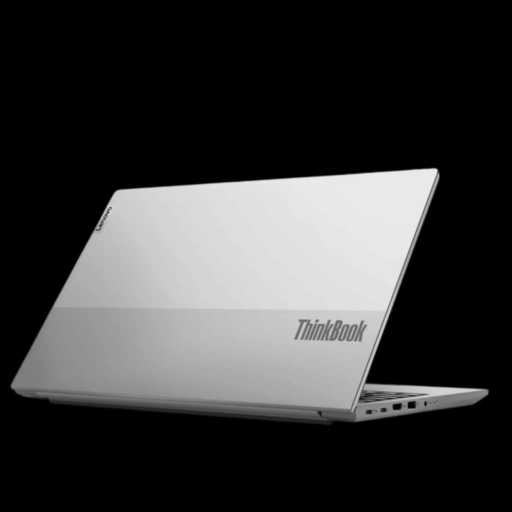 Capot argent bicolore ThinkBook semi-ouvert, logo ThinkBook visible, châssis fin en aluminium, ports latéraux multiples, design sobre et professionnel