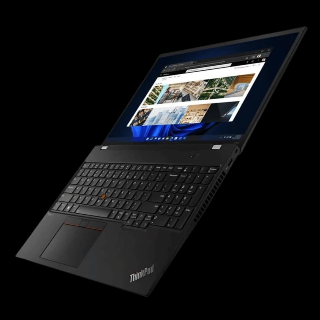 Lenovo ThinkPad P16s Gen 1 noir, écran 16 pouces ouvert à plat, clavier QWERTZ rétroéclairé, trackpoint orange, châssis fin et anguleux rénové