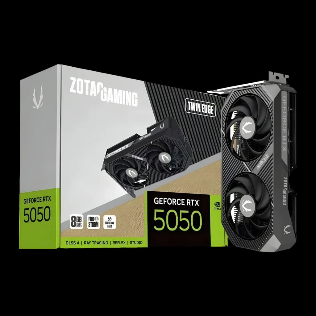 ZOTAC GeForce RTX 5050 Twin Edge 8GB noir, produit et boîte: carte graphique double ventilateur avec son emballage