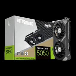 ZOTAC GeForce RTX 5050 Twin Edge 8GB noir, produit et boîte: carte graphique double ventilateur avec son emballage