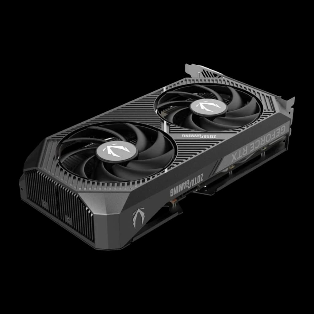 ZOTAC GeForce RTX 5050 Twin Edge 8GB gris, vue en perspective: shroud texturé, côté GeForce RTX et backplate strié