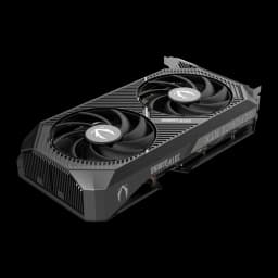 ZOTAC GeForce RTX 5050 Twin Edge 8GB gris, vue en perspective: shroud texturé, côté GeForce RTX et backplate strié