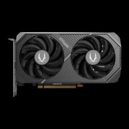 ZOTAC GeForce RTX 5050 Twin Edge 8GB gris, vue de face: deux ventilateurs avec logo ZOTAC GAMING et connecteur PCIe doré