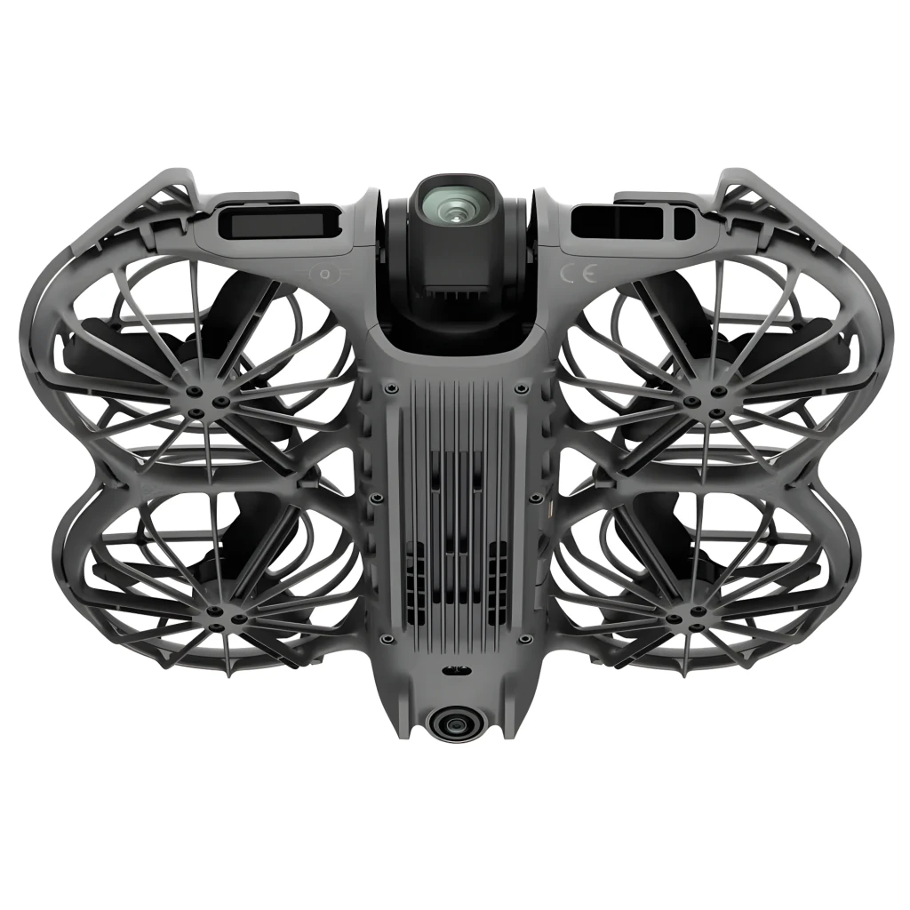 DJI Neo 2 Fly More Combo 49GB cinza, vista diagonal: drone com protetores de hélice e módulo de câmera frontal em fundo preto - Item2