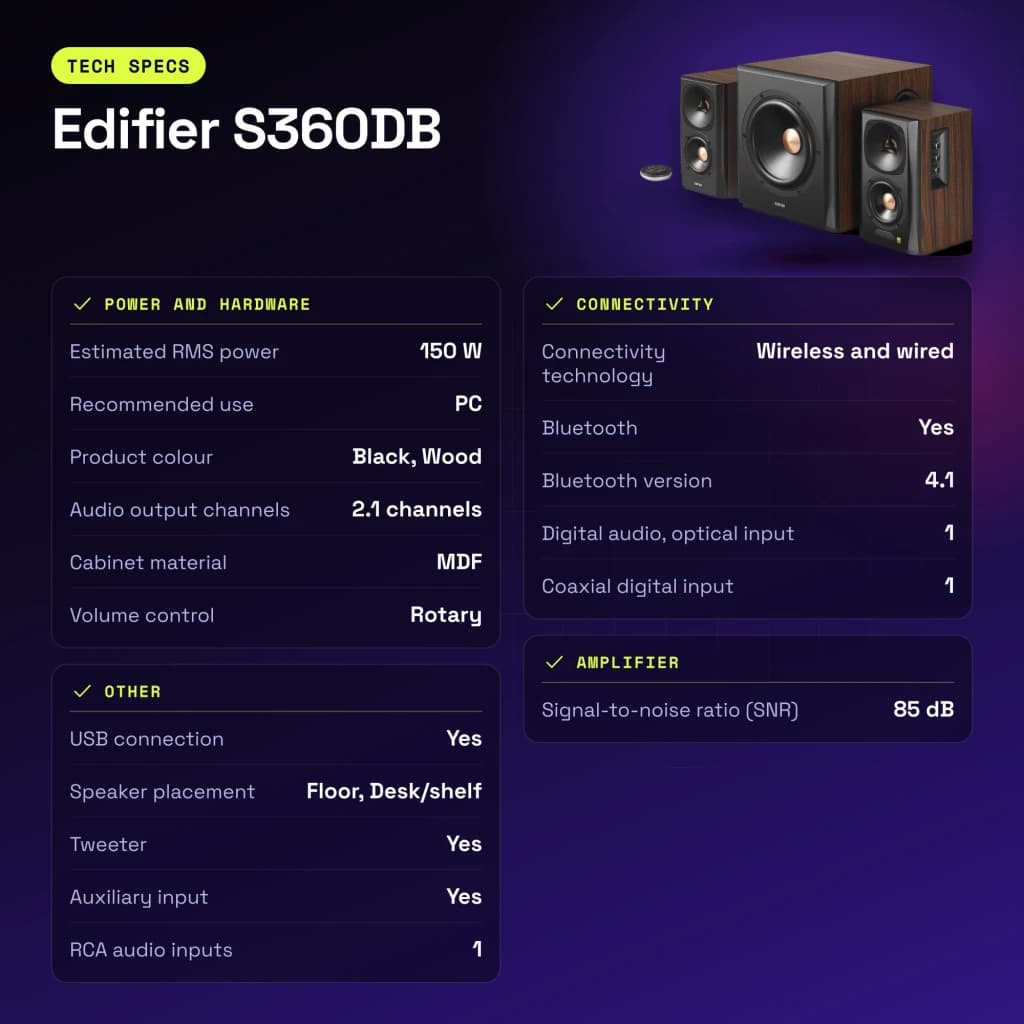Altavoces Edifier 2.1 150W Bluetooth 4.1 Negro S360DB - características