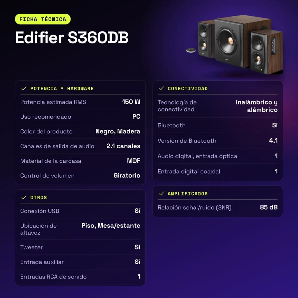 Altavoces Edifier 2.1 150W Bluetooth 4.1 Negro S360DB - características