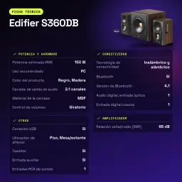 Altavoces Edifier 2.1 150W Bluetooth 4.1 Negro S360DB - características