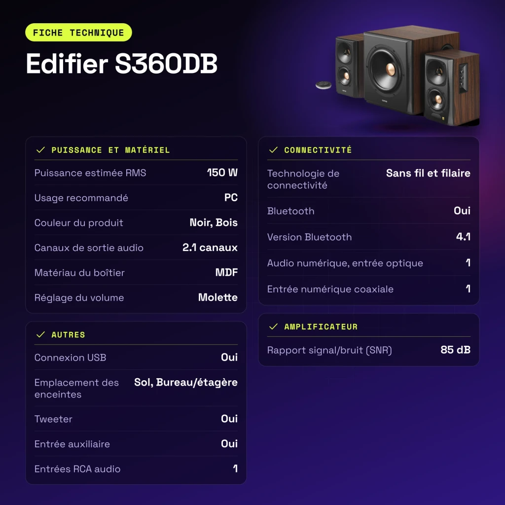 Enceintes Edifier 2.1 150W Bluetooth 4.1 Noir S360DB - caractéristiques