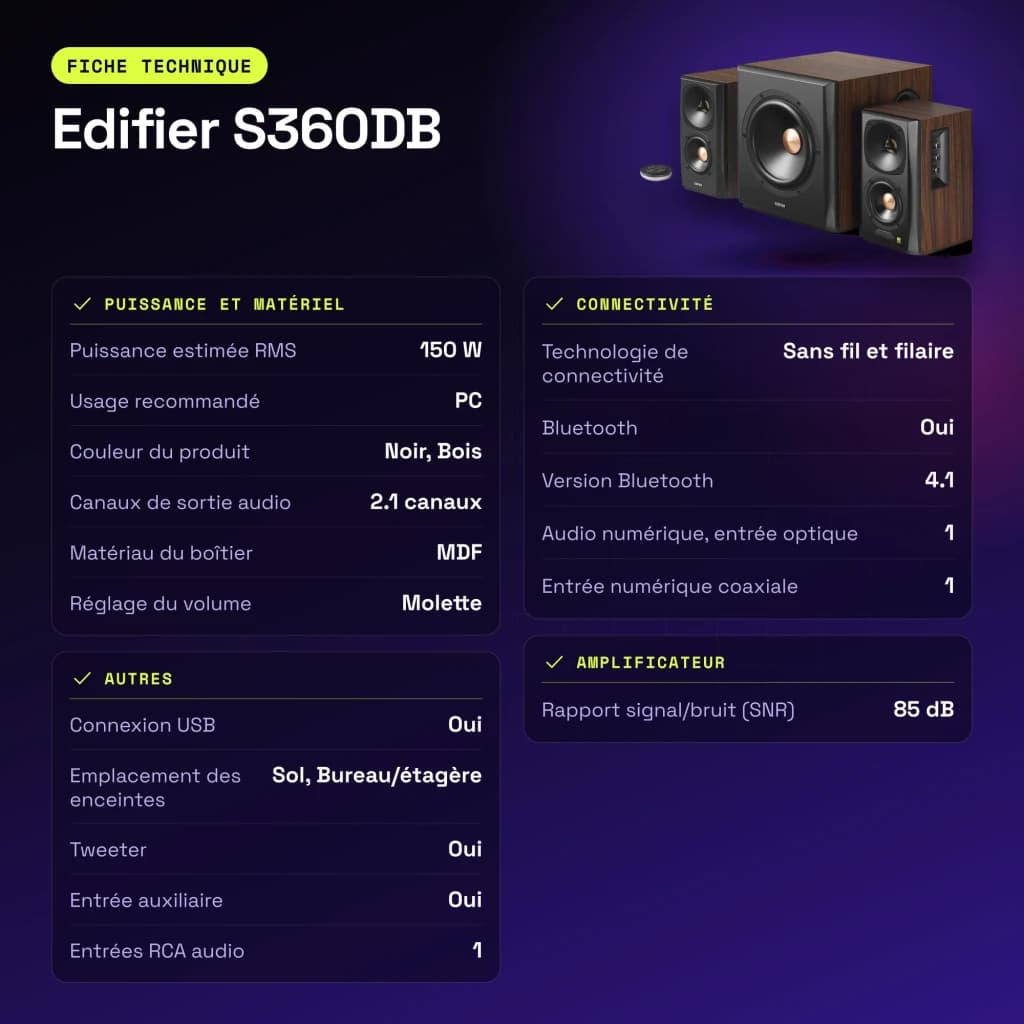 Altavoces Edifier 2.1 150W Bluetooth 4.1 Negro S360DB - características