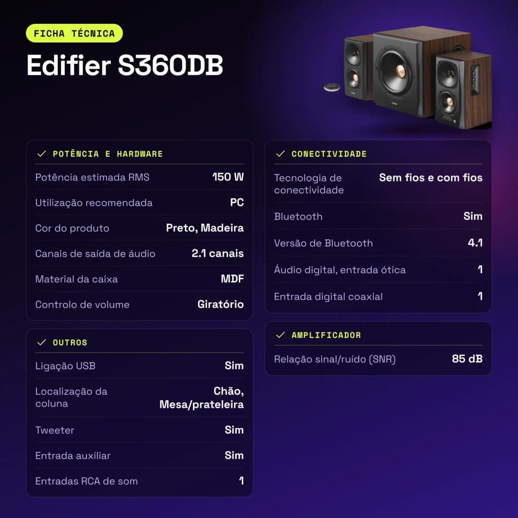Altavoces Edifier 2.1 150W Bluetooth 4.1 Negro S360DB - características