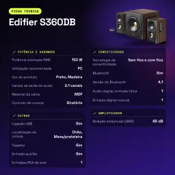 Altavoces Edifier 2.1 150W Bluetooth 4.1 Negro S360DB - características