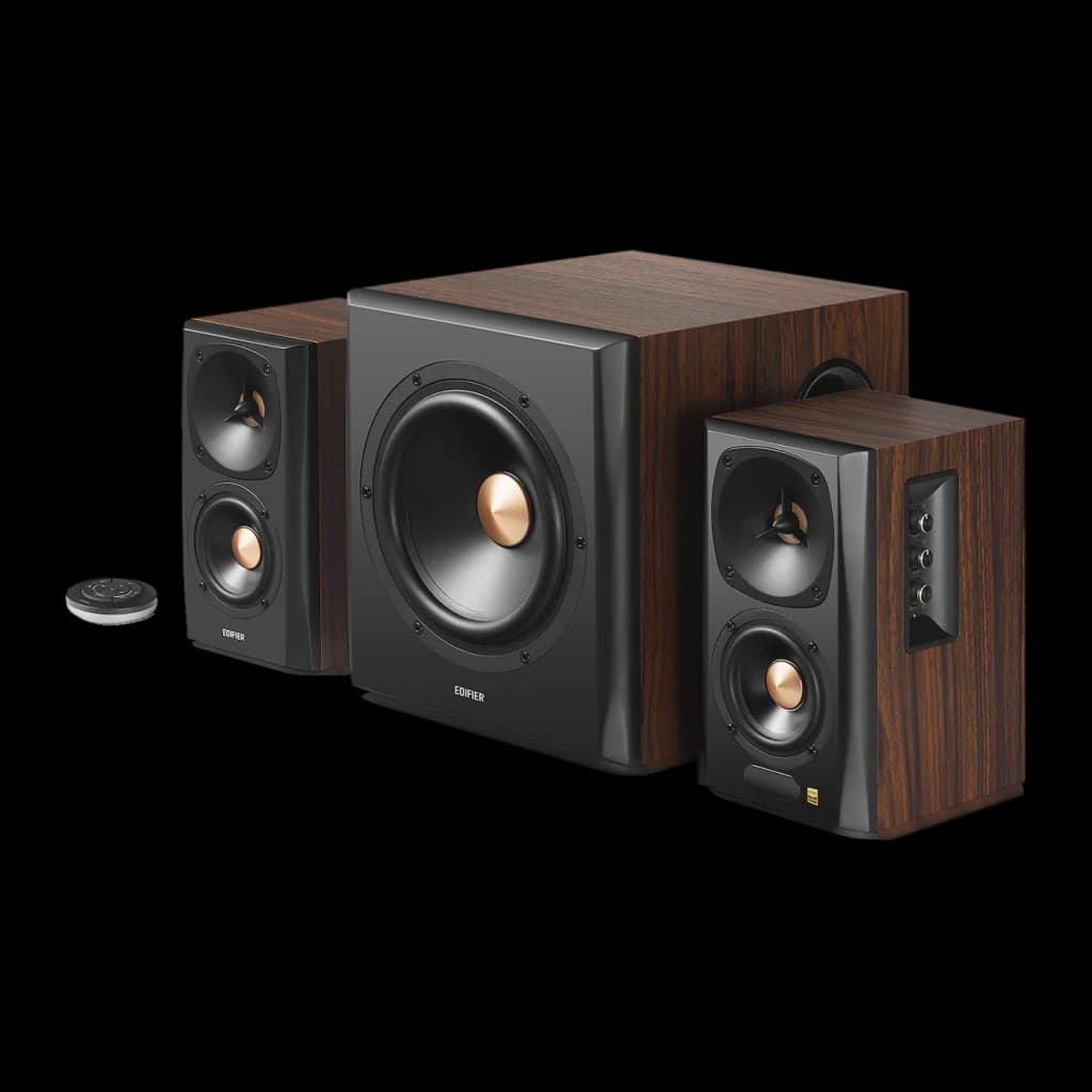 Altavoces Edifier 2.1 150W Bluetooth 4.1 Negro S360DB, vista frontal en ángulo: subwoofer central, dos satélites con woofer