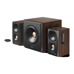 Altavoces Edifier 2.1 150W Bluetooth 4.1 Negro S360DB, vista frontal en ángulo: subwoofer central, dos satélites con woofer