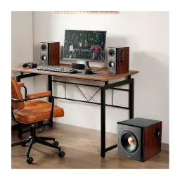 Altavoces Edifier 2.1 150W Bluetooth 4.1 Negro S360DB, escena: satélites en escritorio y subwoofer en suelo junto a PC