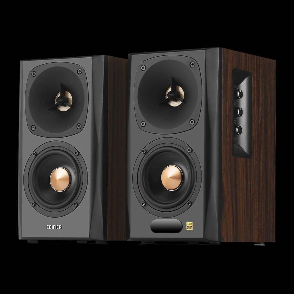 Altavoces Edifier 2.1 150W Bluetooth 4.1 Negro S360DB, vista frontal-lateral: dos satélites con tweeter dorado y woofer