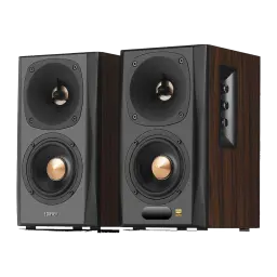 Altavoces Edifier 2.1 150W Bluetooth 4.1 Negro S360DB, vista frontal-lateral: dos satélites con tweeter dorado y woofer