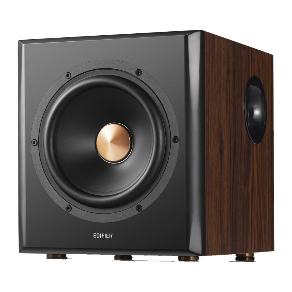 Altavoces Edifier 2.1 150W Bluetooth 4.1 Negro S360DB, subwoofer en ángulo: woofer frontal con cápsula cobre y lateral madera