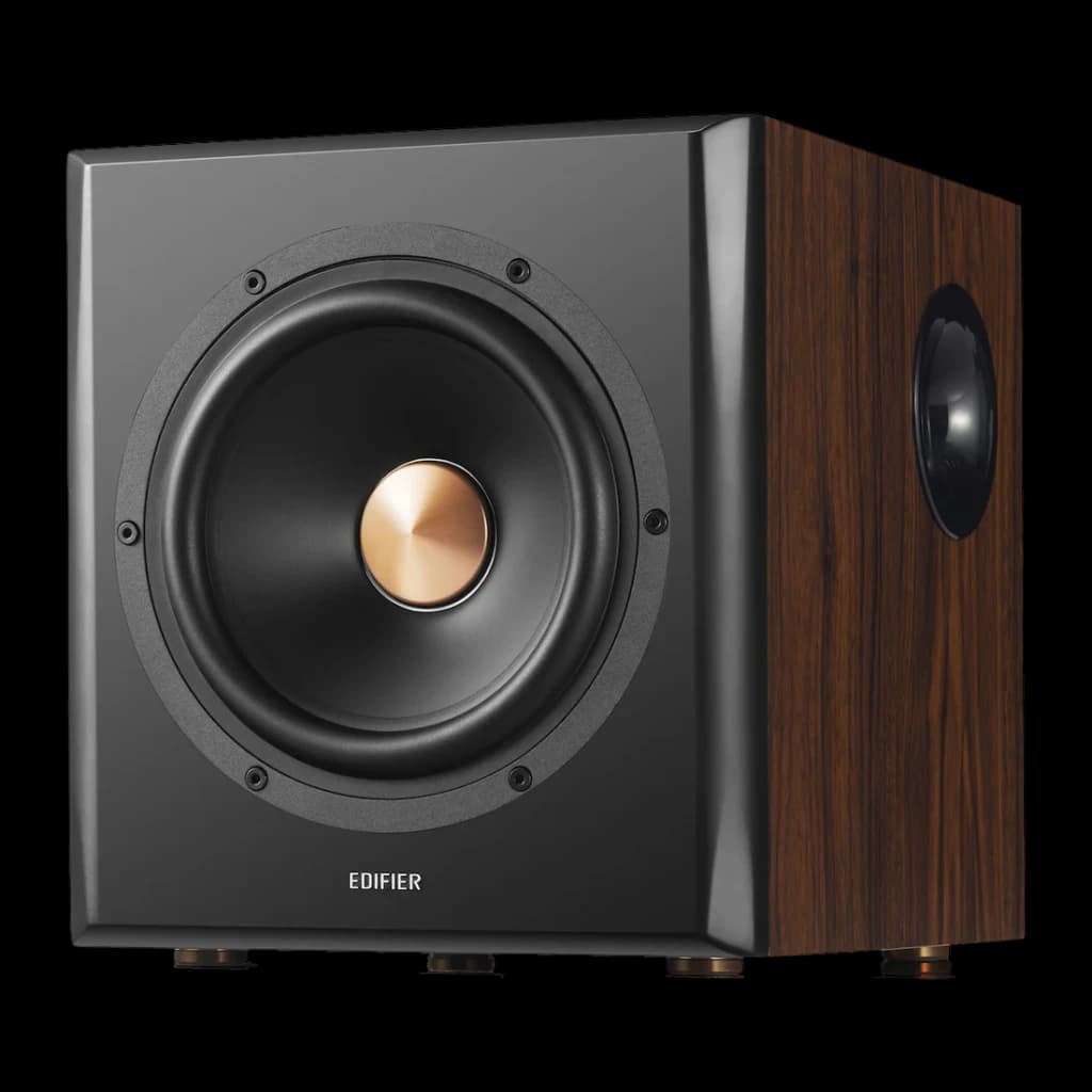 Altavoces Edifier 2.1 150W Bluetooth 4.1 Negro S360DB, subwoofer en ángulo: woofer frontal con cápsula cobre y lateral madera