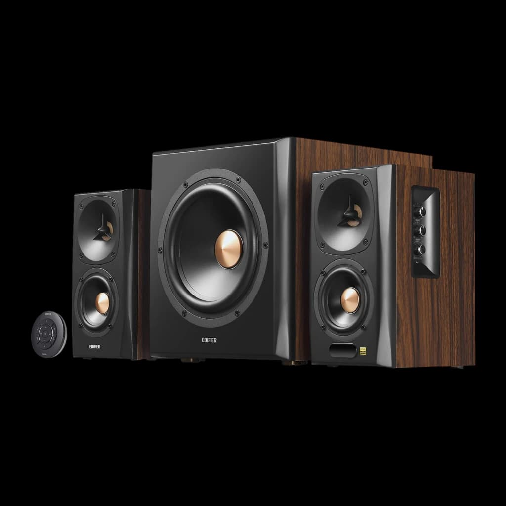 Altavoces Edifier 2.1 150W Bluetooth 4.1 Negro S360DB, vista en ángulo: subwoofer central, dos satélites con woofers cobre
