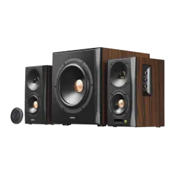 Altavoces Edifier 2.1 150W Bluetooth 4.1 Negro S360DB, vista en ángulo: subwoofer central, dos satélites con woofers cobre