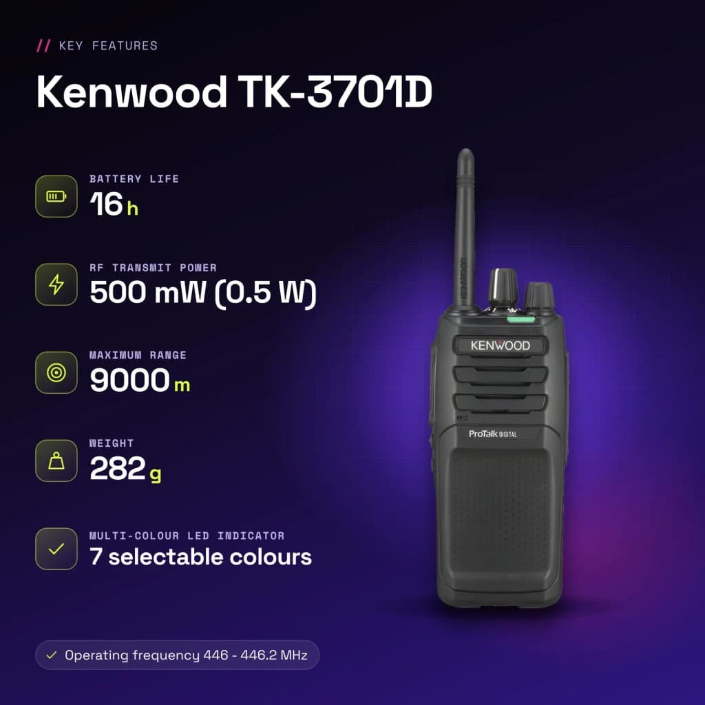 Talkie Walkie Kenwood Noir 9000m 48 Canaux (32 dPMR446 + 16 PMR446) TK-3701D - caractéristiques