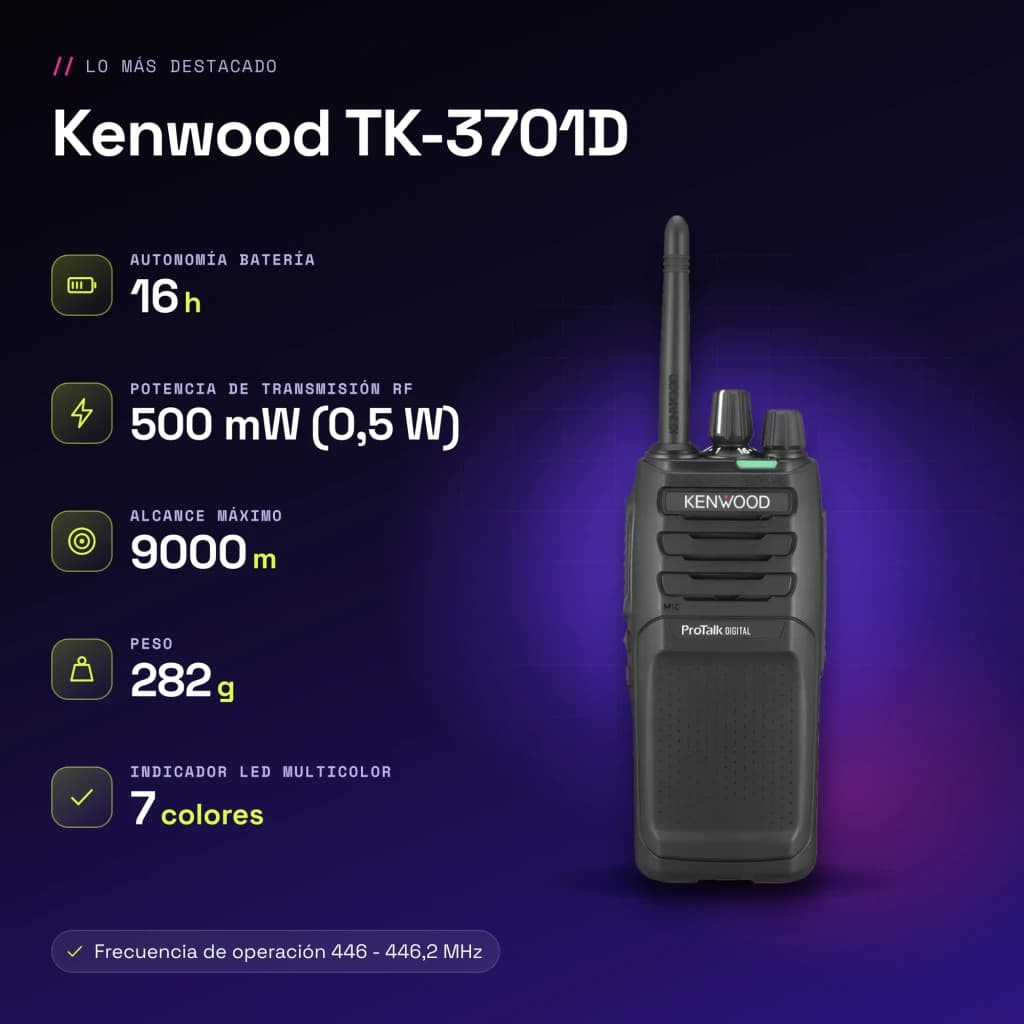 Talkie Walkie Kenwood Noir 9000m 48 Canaux (32 dPMR446 + 16 PMR446) TK-3701D - caractéristiques