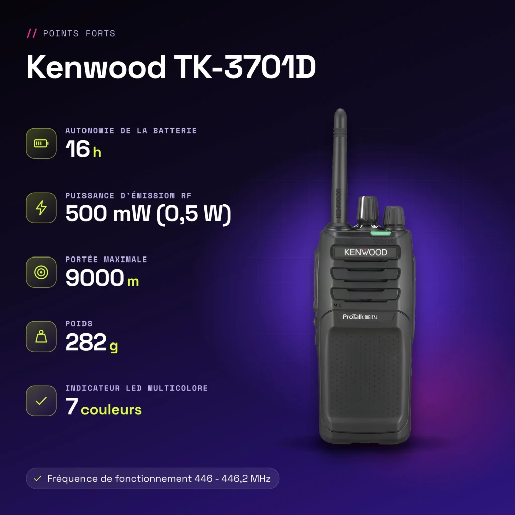 Talkie Walkie Kenwood Noir 9000m 48 Canaux (32 dPMR446 + 16 PMR446) TK-3701D - caractéristiques