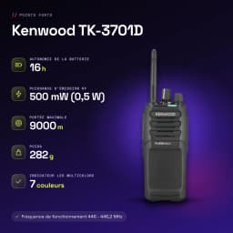Talkie Walkie Kenwood Noir 9000m 48 Canaux (32 dPMR446 + 16 PMR446) TK-3701D - caractéristiques